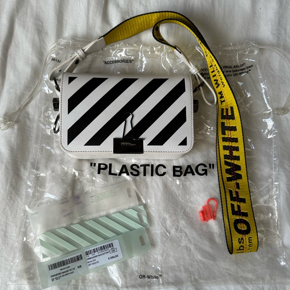 Off-White Diagonal Mini Flap Crossbody Bag Black White Binder Clip - Picture 2 of 12